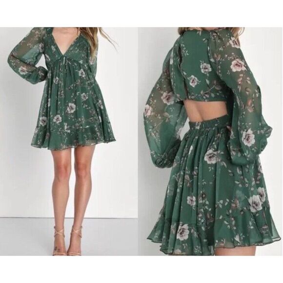 Lulu's endless charisma Green Floral pleated open back chiffon Mini Dress Medium - Picture 2 of 12
